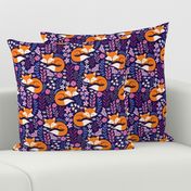 Sleepy Foxes - Small scale, Fox and Floral, Cute Fox Print - Dark Indigo 