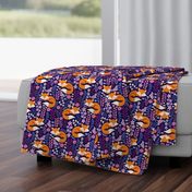 Sleepy Foxes - Small scale, Fox and Floral, Cute Fox Print - Dark Indigo 