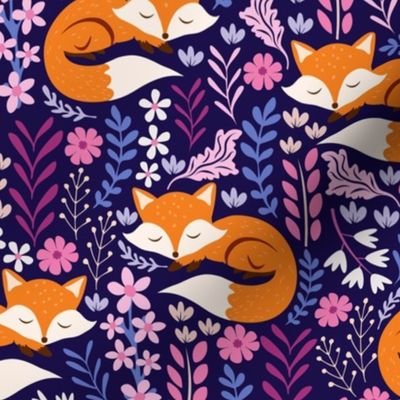 Sleepy Foxes - Small scale, Fox and Floral, Cute Fox Print - Dark Indigo 