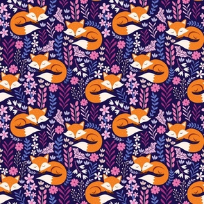 Sleepy Foxes - Small scale, Fox and Floral, Cute Fox Print - Dark Indigo 