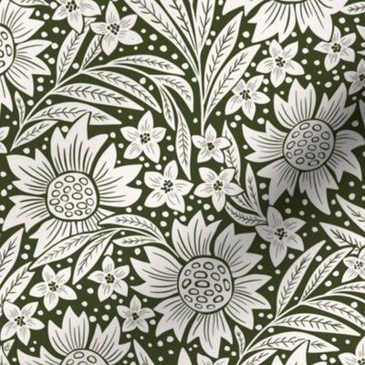 art nouveau flowers - fantasy white and olive green WB23