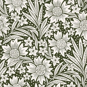 art nouveau flowers - fantasy white and olive green WB23