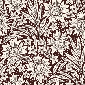 art nouveau flowers - linen and dark maroon WB23