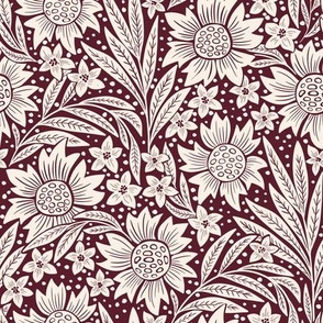 art nouveau flowers - linen and maroon WB23