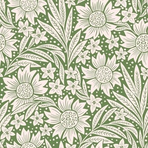 art nouveau flowers - linen white and glade green WB23