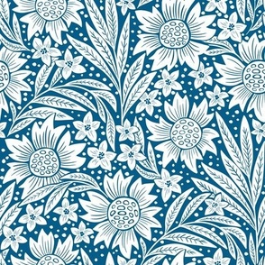 art nouveau flowers - white and Venice blue WB23