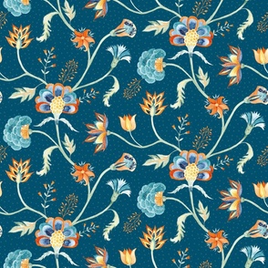 Trailing Indian boho chintz florals cyan teal green - large scale