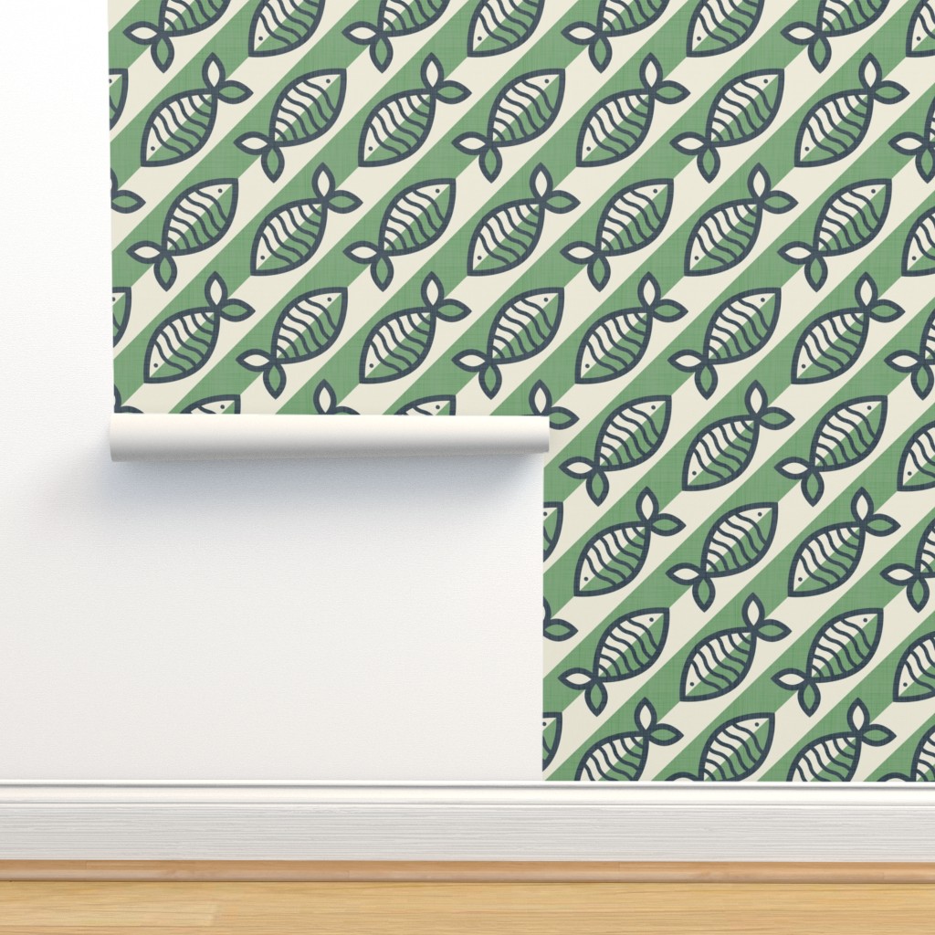 Bold retro fish green and grey Wallpaper | Spoonflower