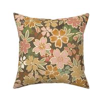 Bohemian Floral- Vintage Colors- Bark Brown Background- Soft Coral Pink- Green- Gold-  Cherry Blossom- Sakura Flowers- Japanese Floral Wallpaper- Medium