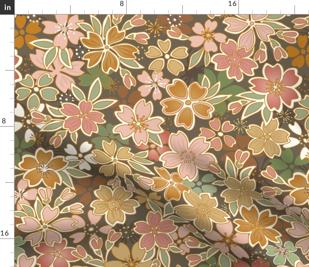 Bohemian Floral- Vintage Colors- Bark Brown Background- Soft Coral Pink- Green- Gold-  Cherry Blossom- Sakura Flowers- Japanese Floral Wallpaper- Medium