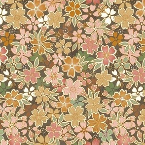 Bohemian Floral- Vintage Colors- Bark Brown Background- Soft Coral Pink- Green- Gold-  Cherry Blossom- Sakura Flowers- Japanese Floral Wallpaper- sMini