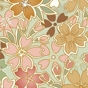 Bohemian Floral- Vintage Colors- Earthy Green-  Cherry Blossom- Sakura Flowers- Green and Gold Floral Wallpaper- Medium