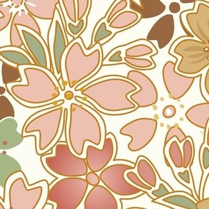 Bohemian Floral- Vintage Colors- Light Background- Soft Coral Pink- Green- Gold-  Cherry Blossom- Sakura Flowers- Japanese Floral Wallpaper- Large