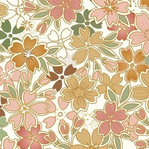 Bohemian Floral- Vintage Colors- Light Background- Soft Coral Pink- Green- Gold-  Cherry Blossom- Sakura Flowers- Japanese Floral Wallpaper- Small