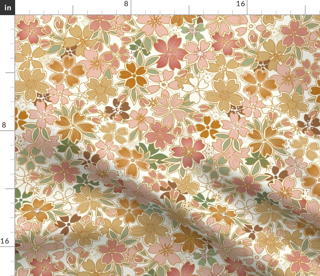 Bohemian Floral- Vintage Colors- Light Background- Soft Coral Pink- Green- Gold-  Cherry Blossom- Sakura Flowers- Japanese Floral Wallpaper- Small