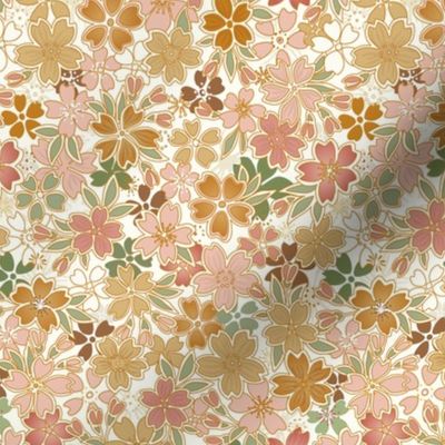 Bohemian Floral- Vintage Colors- Light Background- Soft Coral Pink- Green- Gold-  Cherry Blossom- Sakura Flowers- Japanese Floral Wallpaper- sMini