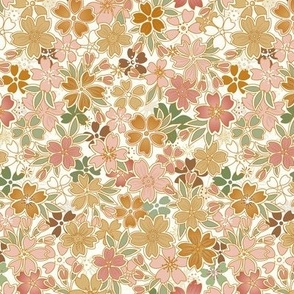 Bohemian Floral- Vintage Colors- Light Background- Soft Coral Pink- Green- Gold-  Cherry Blossom- Sakura Flowers- Japanese Floral Wallpaper- sMini