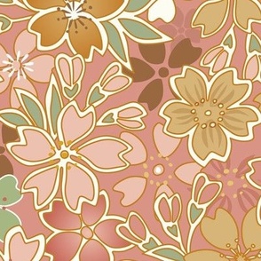 Bohemian Floral- Vintage Colors- Soft Pink-  Cherry Blossom- Sakura Flowers- Peach Floral Wallpaper- Medium