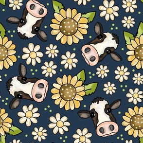 Large Scale Cows Sunflowers and Daisy Flowers on Navy