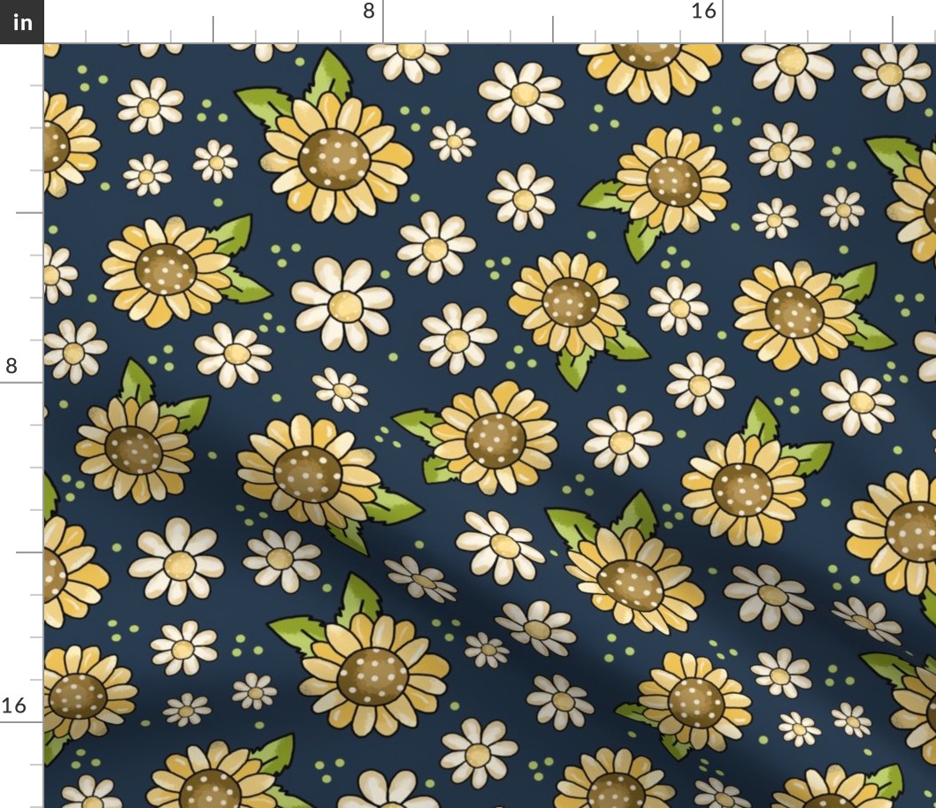 Large Scale Sunflowers and Daisy Flowers on Navy