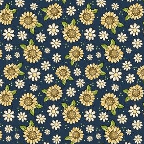 Small Scale Sunflowers and Daisy Flowers on Navy