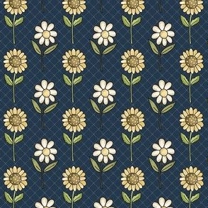 Small Scale Sunflowers and Daisy Flowers on Navy