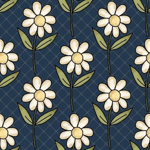 Large Scale Daisy Flowers on Navy