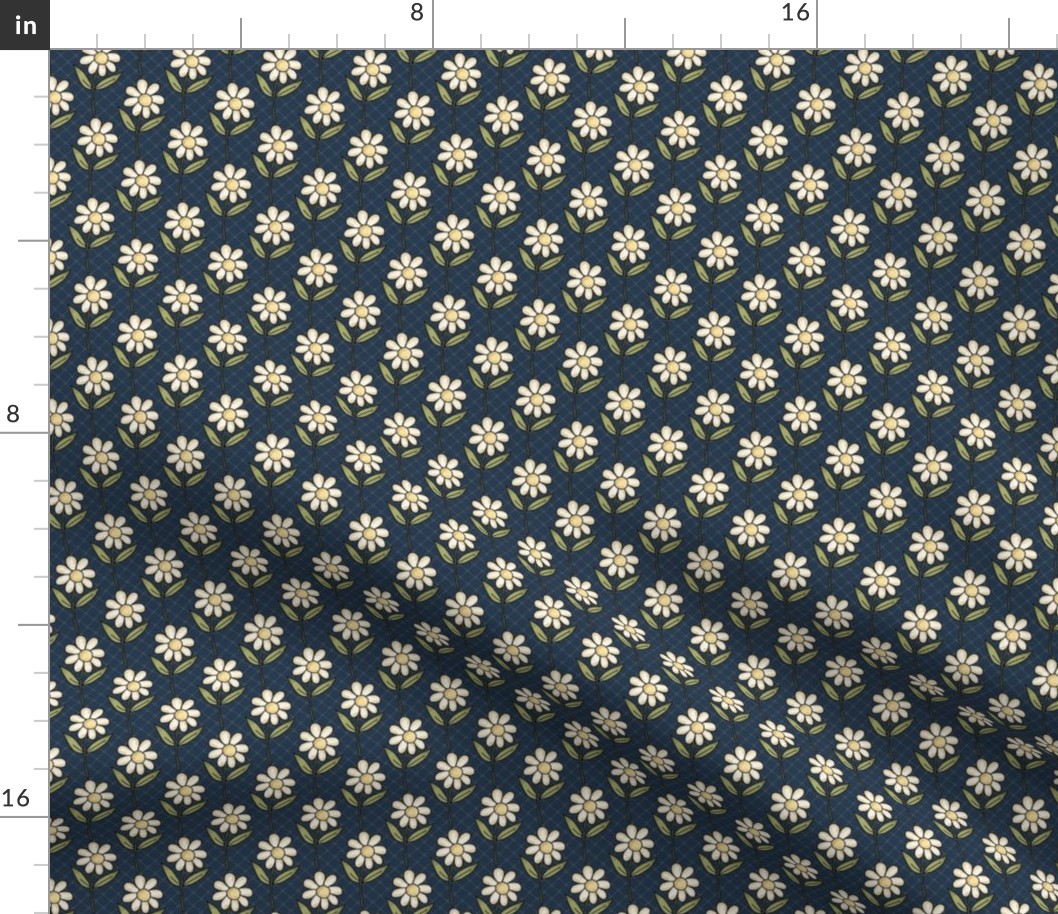 Small Scale Daisy Flowers on Navy