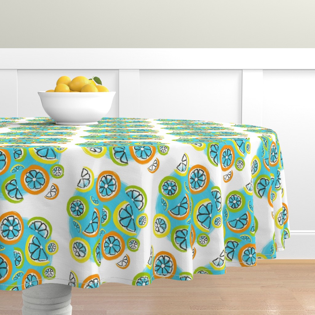 Floating slices of citrus in a half drop pattern on sky blue