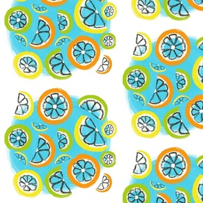 Floating slices of citrus in a half drop pattern on sky blue