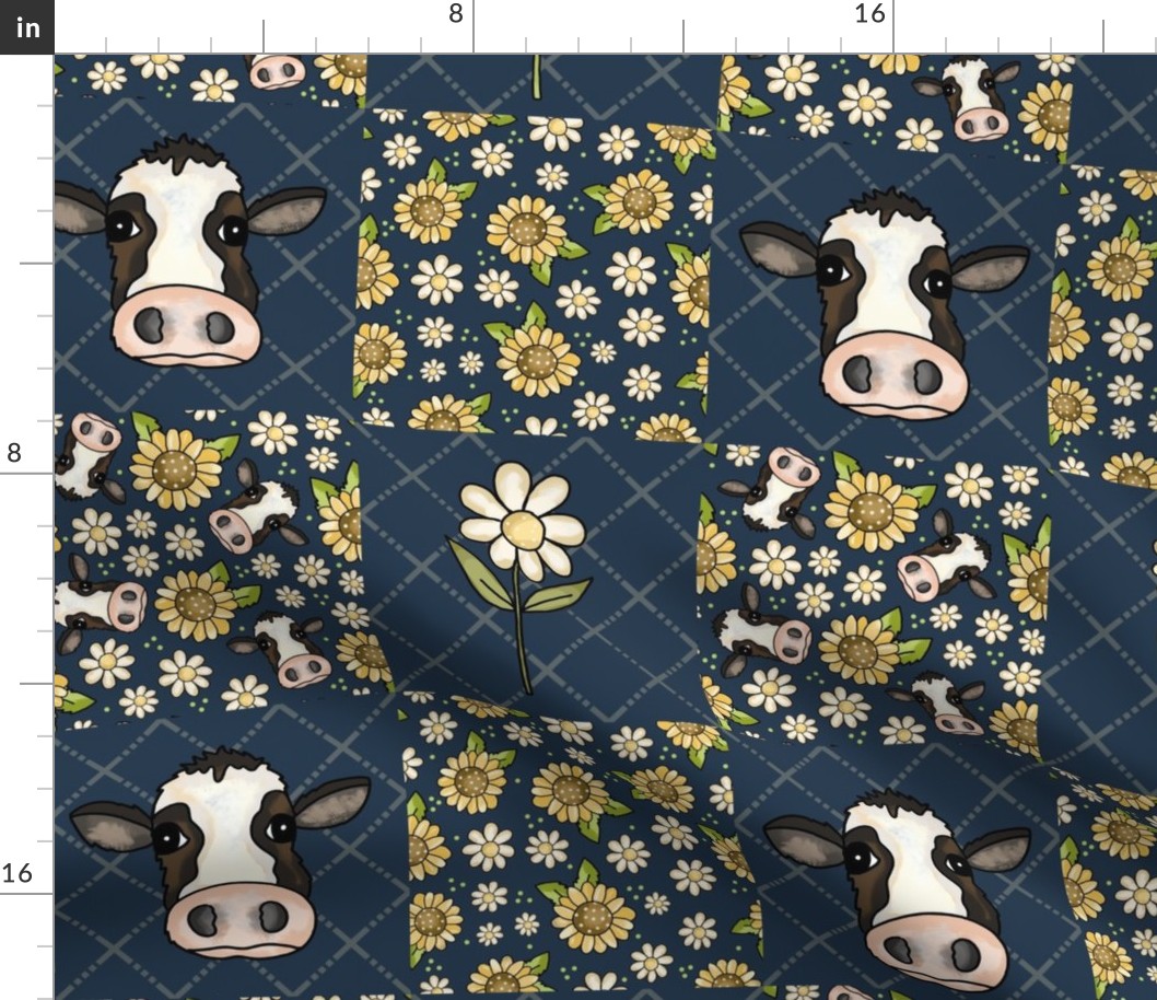 Bigger Scale Patchwork 6" Squares Cows Sunflowers and Daisy Flowers on Navy for Cheater Quilt or Blanket