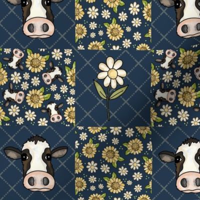 Smaller Scale Patchwork 3" Squares Cows Sunflowers and Daisy Flowers on Navy for Cheater Quilt or Blanket