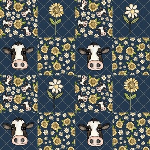 Smaller Scale Patchwork 3" Squares Cows Sunflowers and Daisy Flowers on Navy for Cheater Quilt or Blanket