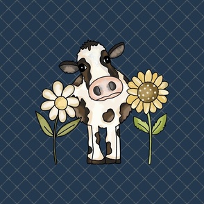 18x18 Panel Cow Sunflower and Daisy Flower on Navy for DIY Throw Pillow or Cushion Cover