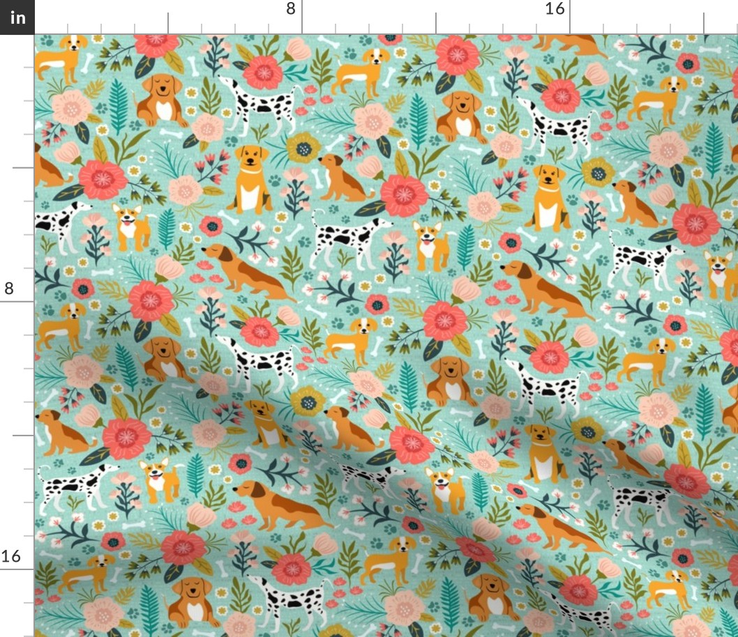 Dogs and Floral, Dog Fabric, Cute Dog Print - Small Scale