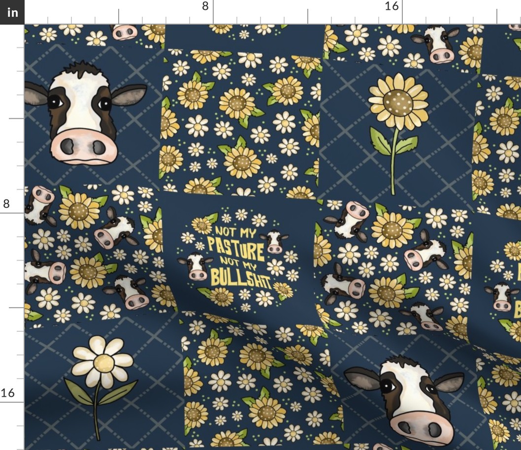 Bigger Scale Patchwork 6" Squares Not My Pasture Not My Bullshit Funny Sarcastic Cows Sunflowers and Daisy Flowers on Navy for Cheater Quilt or Blanket