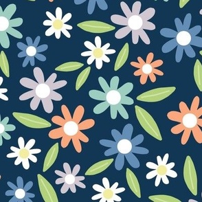 Spring Flower Garden - Navy Blue, Large Scale