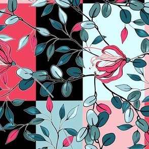 Aquamarine and Pink Leaves and Patchwork