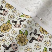 Small Scale Cow Faces Sunflowers and Daisy Flowers on Ivory