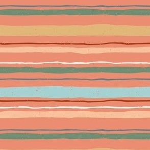 Hand drawn textured horizontal stripe in tangerine, green, blue, peach and mustard.