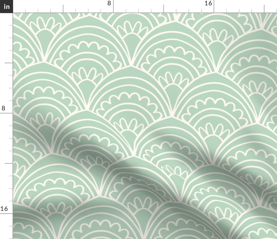 Art deco scallop floral hand drawn lines in soft pastel sage green MEDIUM SCALE