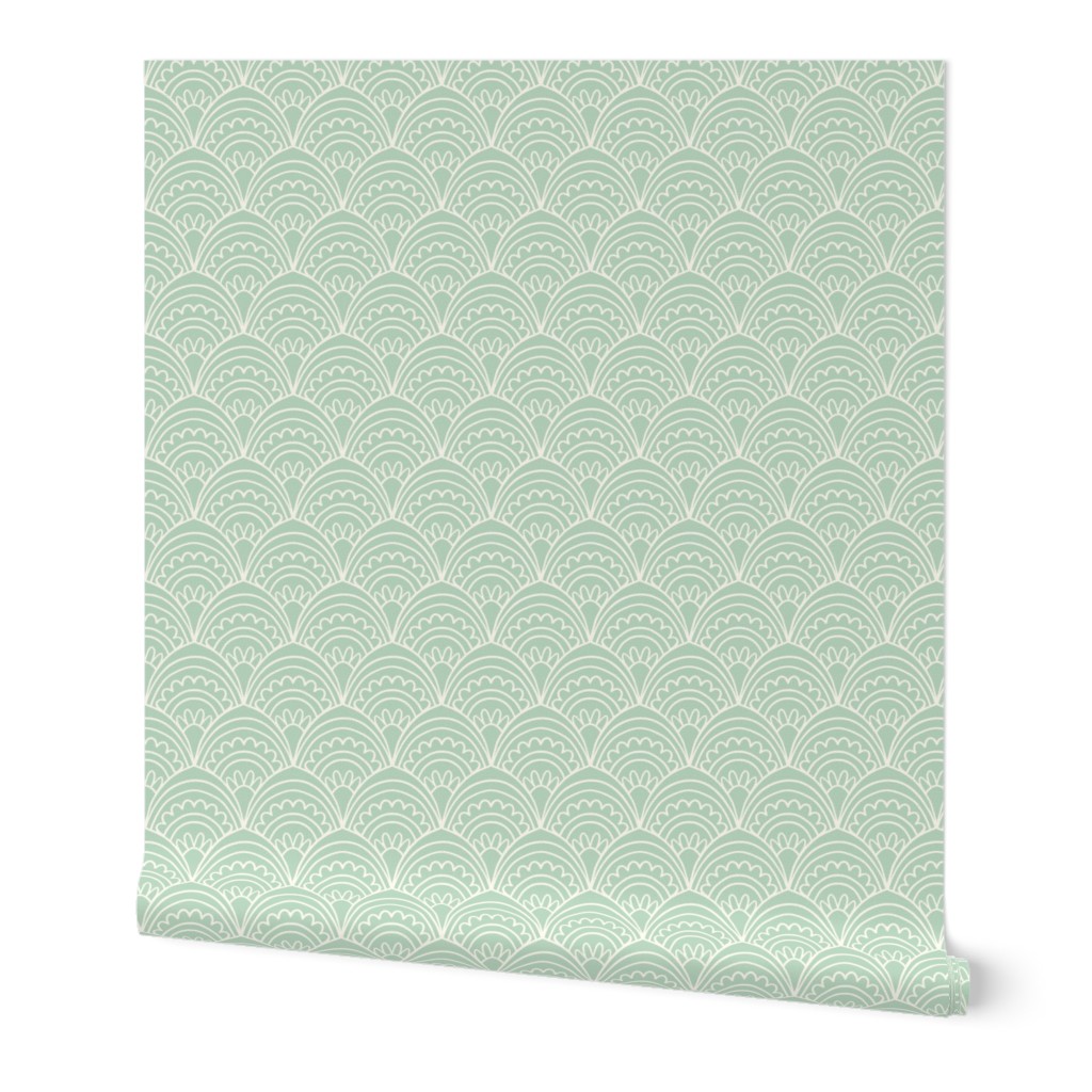 Art deco scallop floral hand drawn lines in soft pastel sage green SMALL SCALE