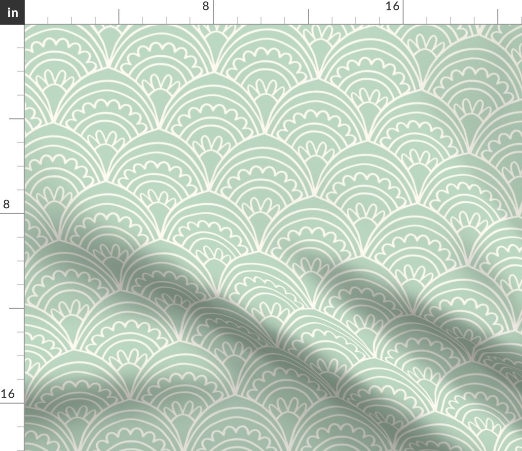 Art deco scallop floral hand drawn lines in soft pastel sage green SMALL SCALE