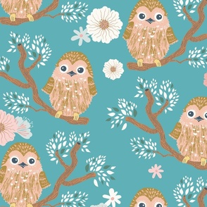 Mr. Owl on a blooming branch  light blue - big