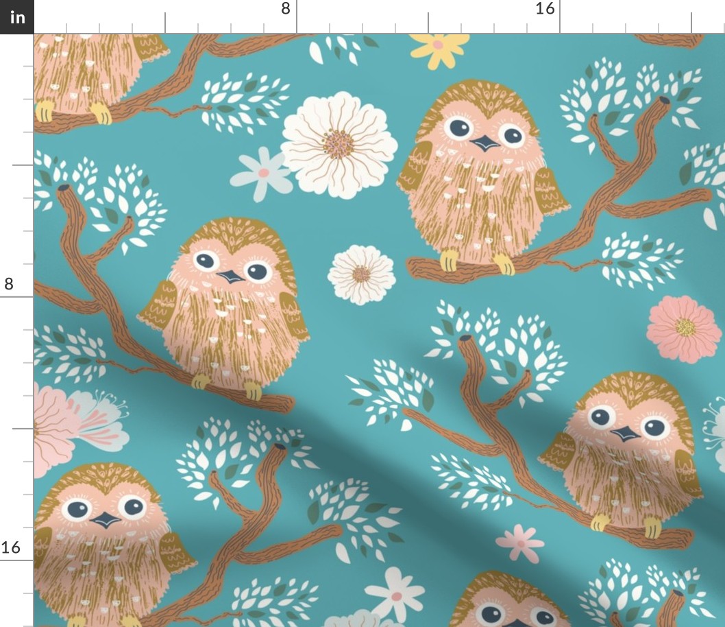 Mr. Owl on a blooming branch  light blue - big