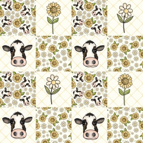 Bigger Scale Patchwork 6" Squares Cows Sunflowers and Daisy Flowers on Ivory for Cheater Quilt or Blanket