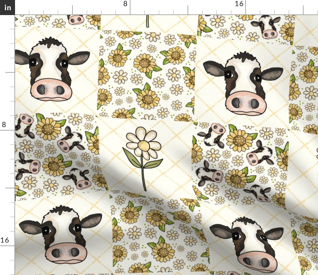 Bigger Scale Patchwork 6" Squares Cows Sunflowers and Daisy Flowers on Ivory for Cheater Quilt or Blanket