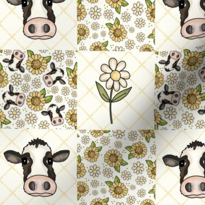 Smaller Scale Patchwork 3" Squares Cows Sunflowers and Daisy Flowers on Ivory for Cheater Quilt or Blanket