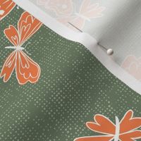 tangerine butterflies on forest green linen texture