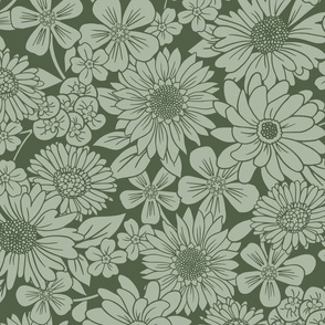 large scale retro floral in sage and forest green